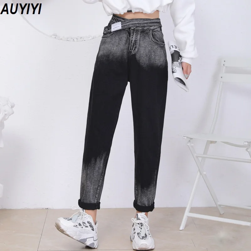 

AUYIYI Spring And Autumn New Jeans Women Loose Thin Irregular Waist Gradient Contrast Color High-Waist Stretch Harem Pants