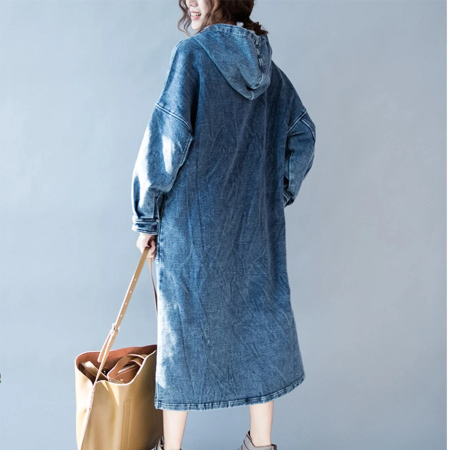 Fashion Oversized Hooded Denim Dress Women Casual Long Sleeve Loose Black Autumn Winter Dresses Female | Женская одежда