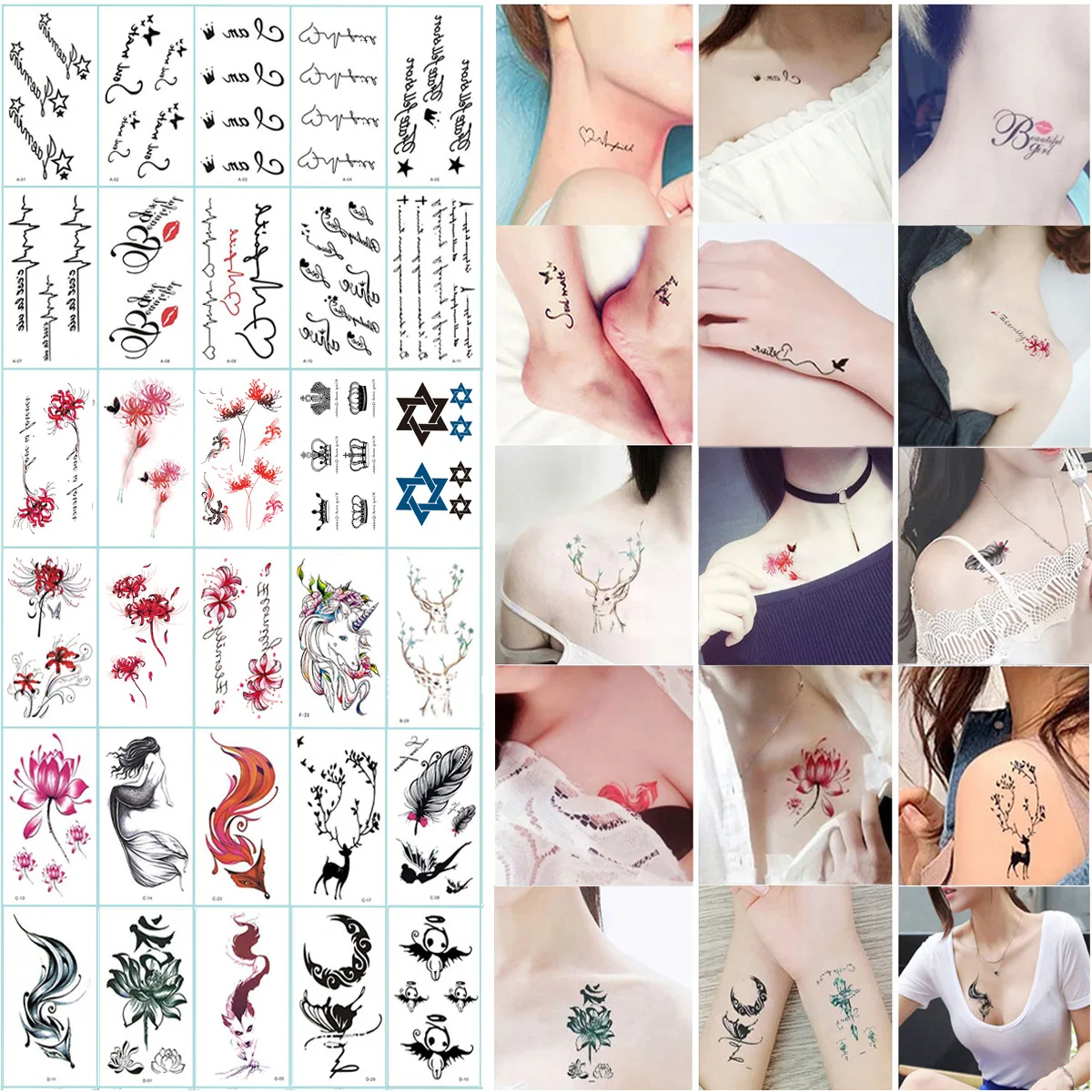 30 SheetsTemporary Tattoos Stickers for Women - Rose Feather Animals Written Words Flowers and Butterfly Sticker Waterproofing