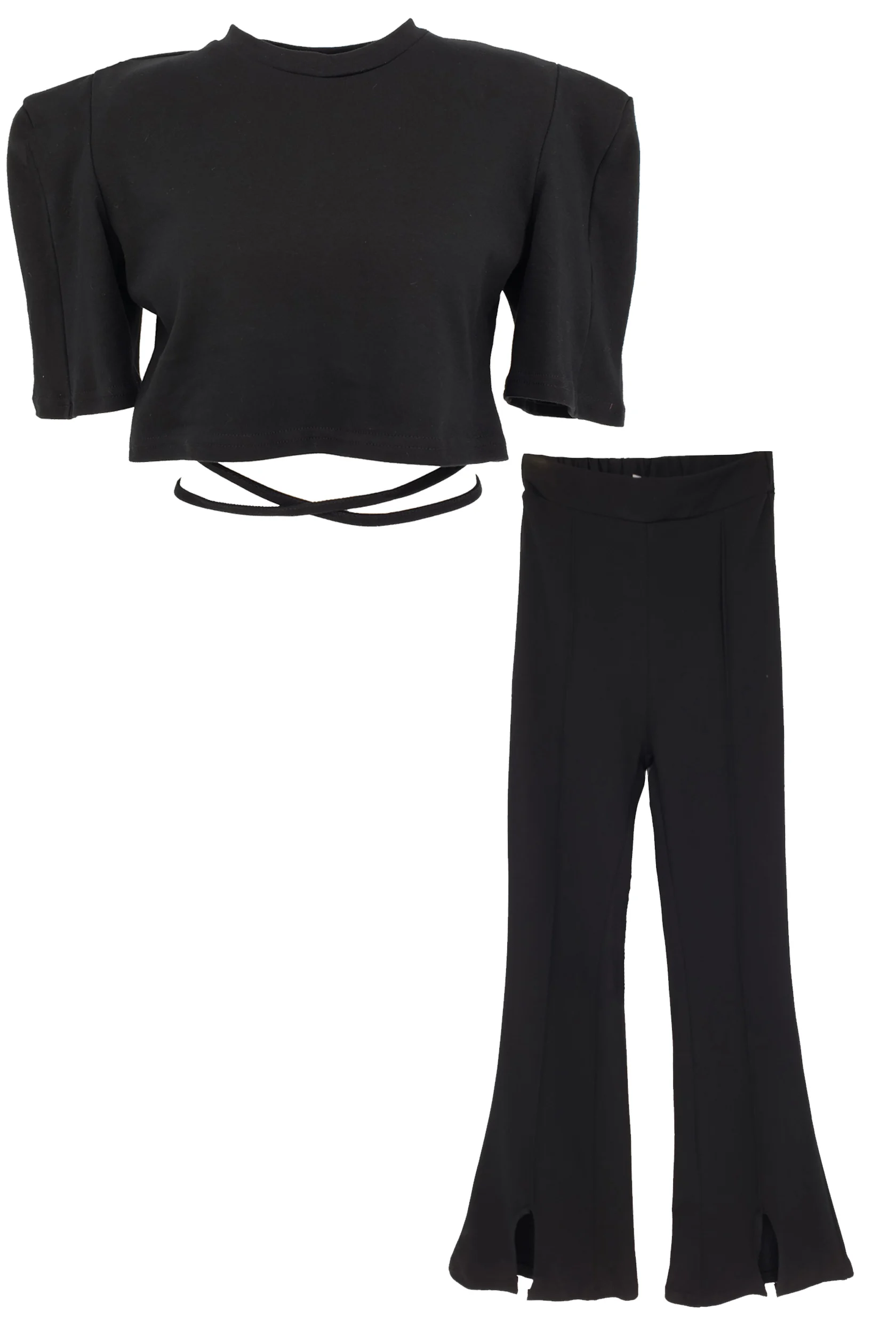

Korean Design Sense High Waist Lace-up Bare Midriff Slim Fit Short-Sleeved T-shirt High Waist Flared Pants Black Suit Women
