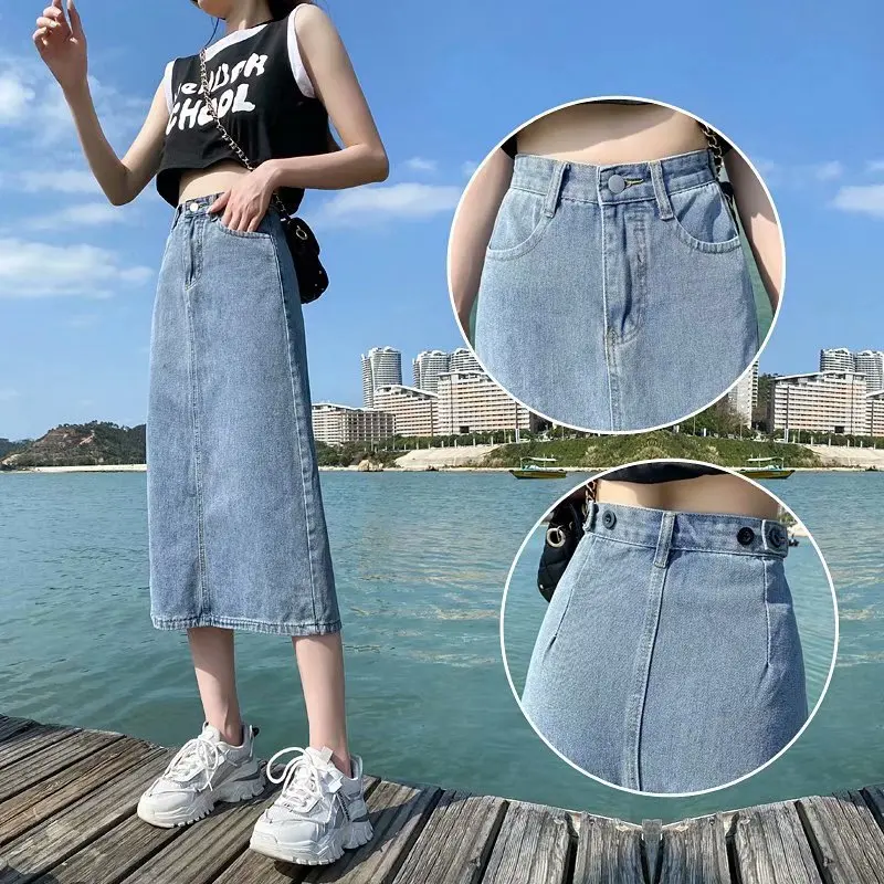 

GIOIO 2021 Fashion Retro Long Summer Denim Skirts Girls High Waist Button Pockets Split Jeans Straight Maxi Denim Skirts