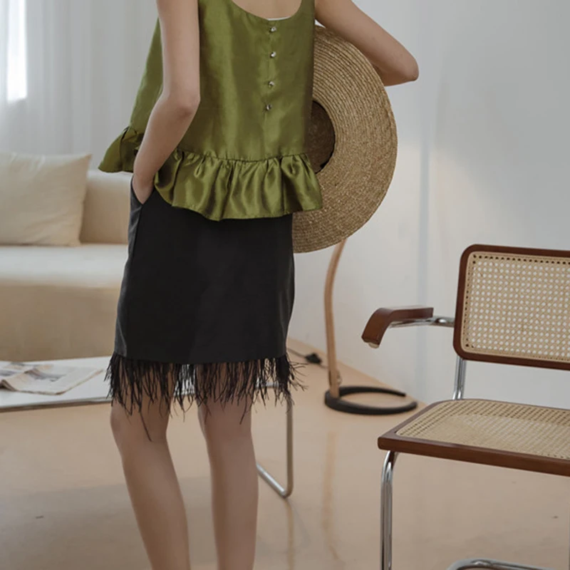 

SISPELL Patchwork Feather Skirts For Female High Waist Slimming Pure Color Women's Skirt Fashion Streetwear Spring Tide 2021