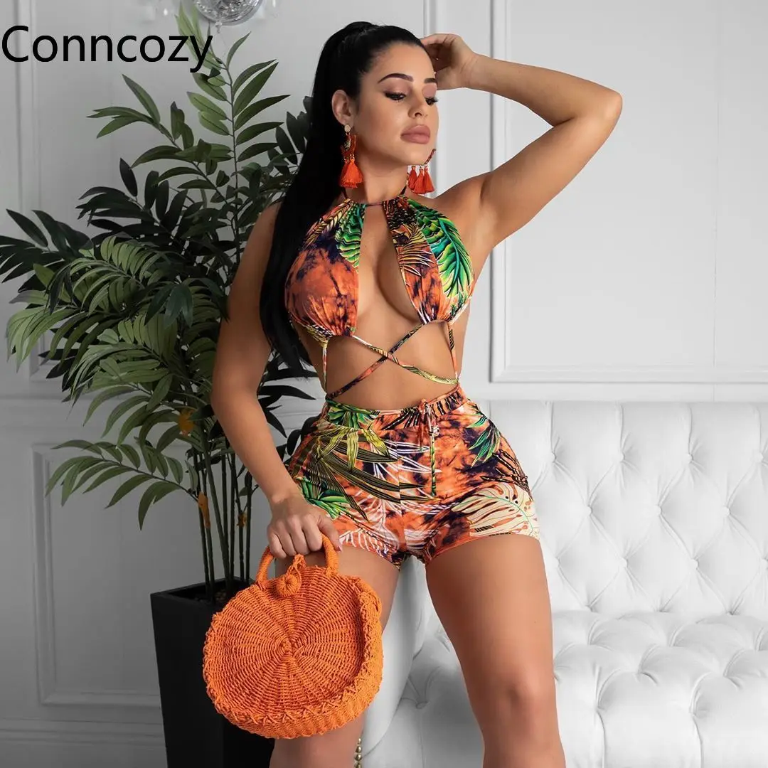 

Multi-rope Cross Bikini Set Club Street Swimsuit High Waist Bathing Suit Sexy Swimwear Women Beachwear Swimming Suit Print Tunic