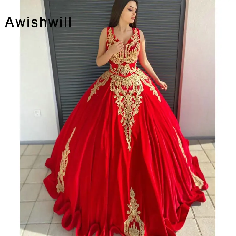 

Платье вечернее с V-образным вырезом, атласное с золотистой аппликацией, марокканский кафтан без рукавов, для выпускного вечера, красное