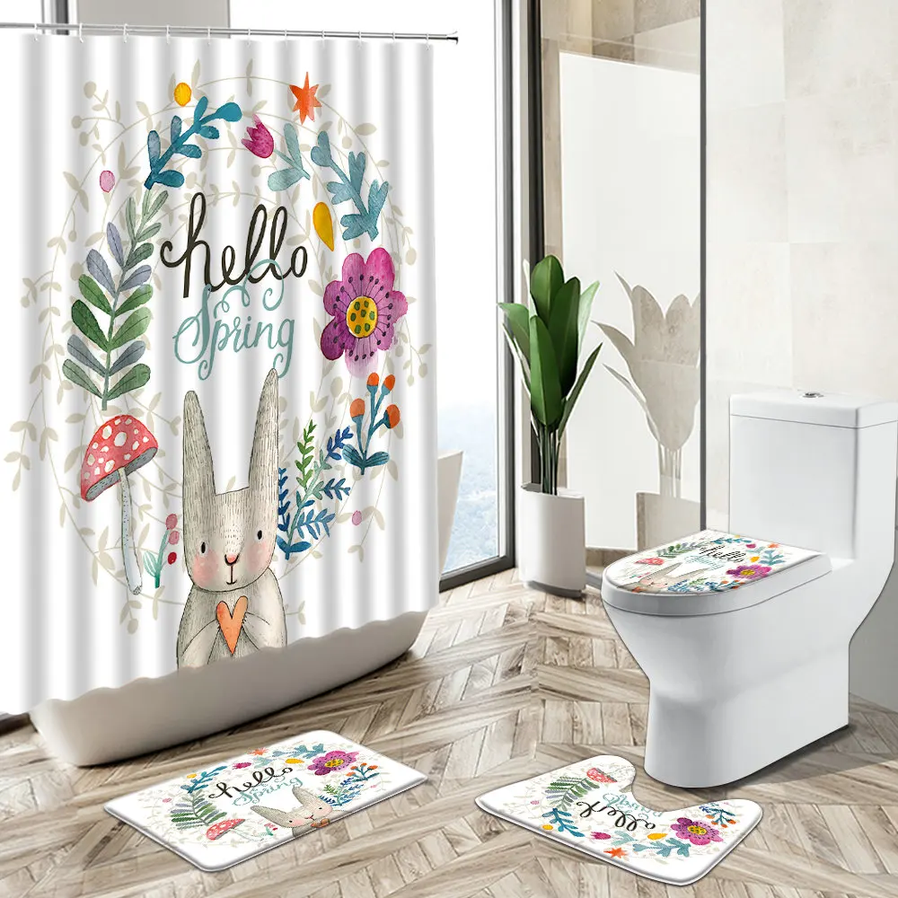 

Cute Rabbit Animal Shower Curtain Plant Flower Pastoral Style Non-Slip Pedestal Rug Toilet Cover Cartoon Kids Bathroom Deco Set