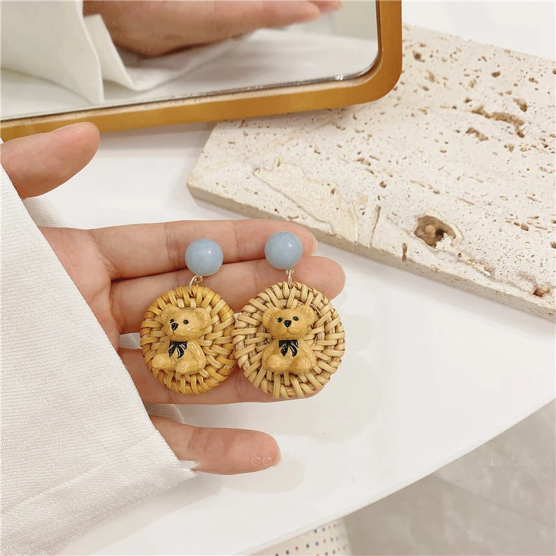 

Origin Summer Multicolor Circle Rattan Little Bear Dangle Earring for Women Girls Circle Candy Colors Resin Earring Jewelry