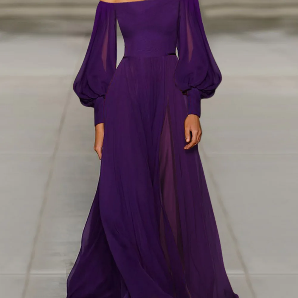 Женское вечернее платье макси с открытыми плечами фиолетовое ТРАПЕЦИЕВИДНОЕ