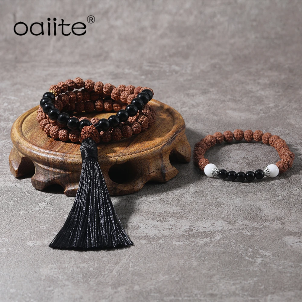 

OAIITE Rudraksha Mala 108 Beads Necklace Black Agate Natural Stone Bodhi Yoga Necklaces Bracelet Set Prayer Calming Jewelry