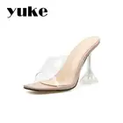 Женские сандалии YUKE на прозрачном каблуке, пикантные туфли-лодочки с квадратным носком, без застежек, на высоком каблуке с кристаллами, Летняя Вечеринка