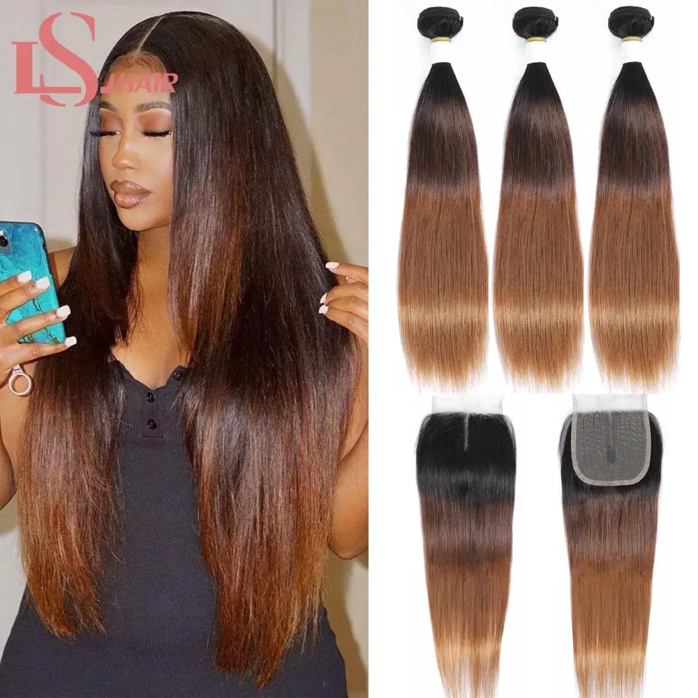 LS HAIR Brazilian Hair Weave Bundles With Closure Ombre Straight Human Hair 3 Bundles With 4x4X1 Lace Closure 1B/4/30 Remy
