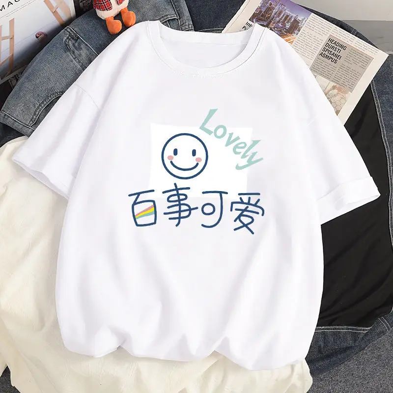 

100% Cotton Summer Streetwear Tshirt Harajuku Anime Kawaii Print Tee Shirt Hip Hop Ulzzang Women White T-shirts Tops y2k