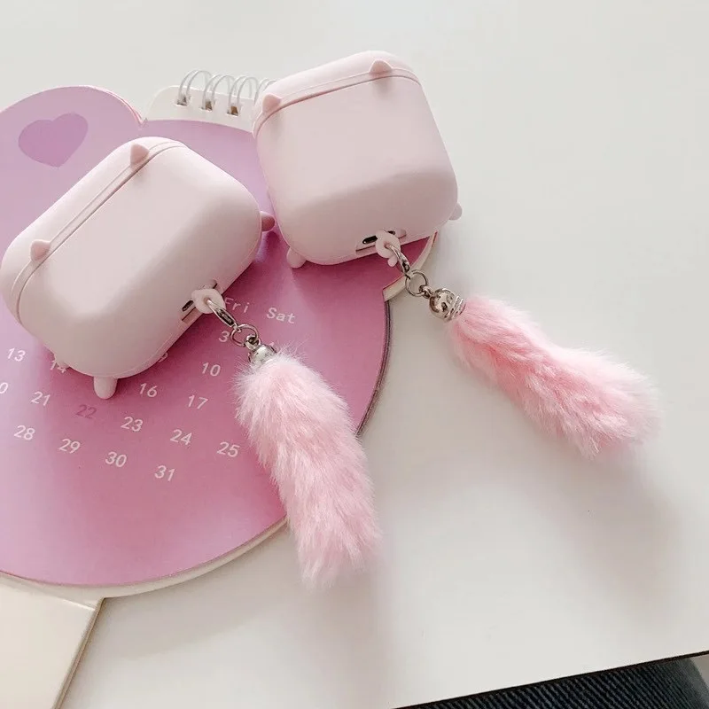 

Cute Funny Pink Pig Fox plush tail case For AirPods 2 charging soft earphone protection cover box for airpods pro 3 Case