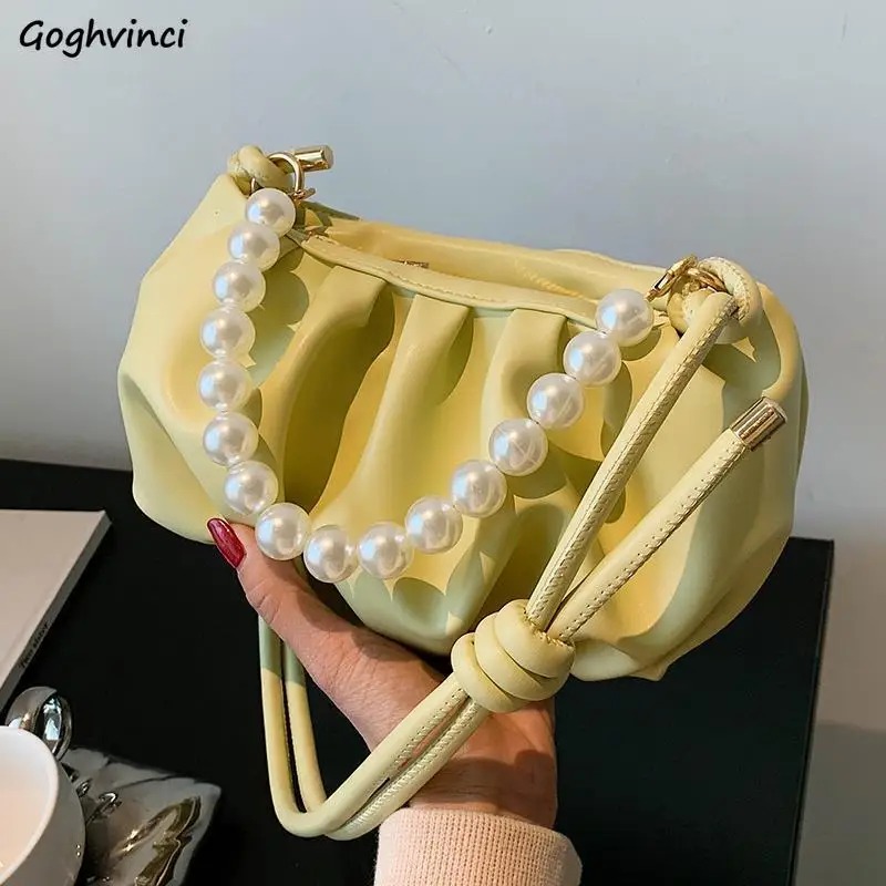 

Shoulder Bags Women Pleated Pearls Beading Top-handle Gentle Fashion OL Little Underarm Flaps Bag Texture Korean PU Handbags Ins