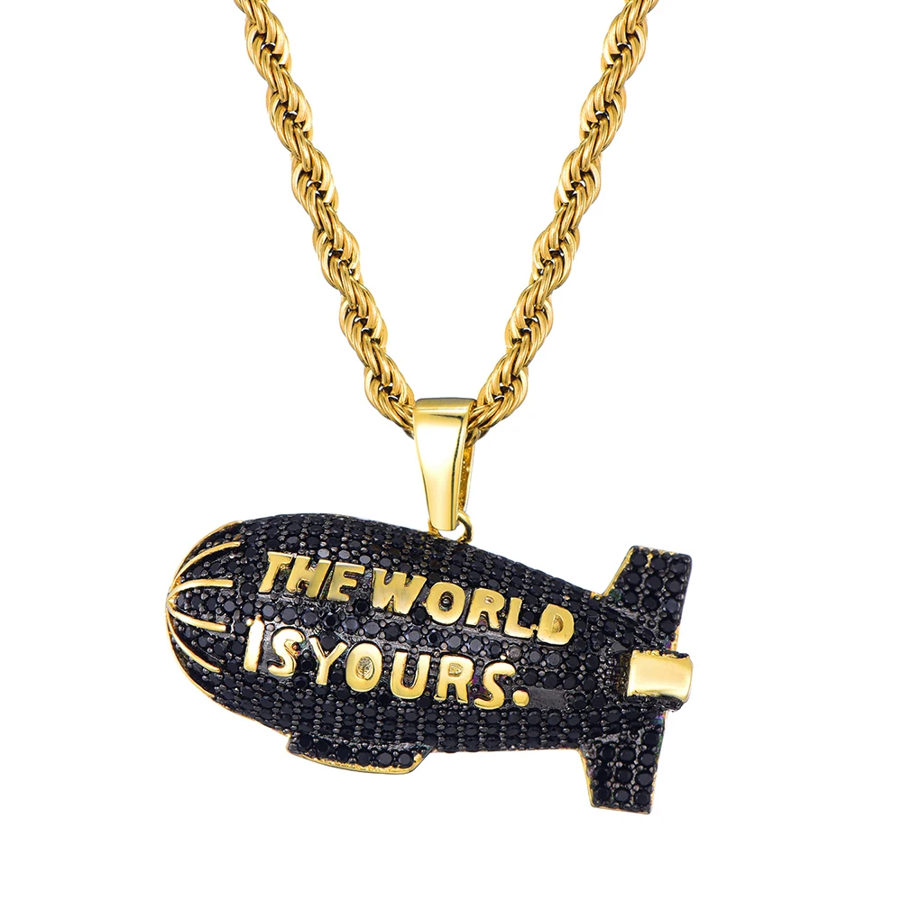 

Hip Hop Men's Iced Out Gold Hot Air Balloon Spaceship Black Pendant Necklace Street Dance Gift For Men Women with Rope Chain