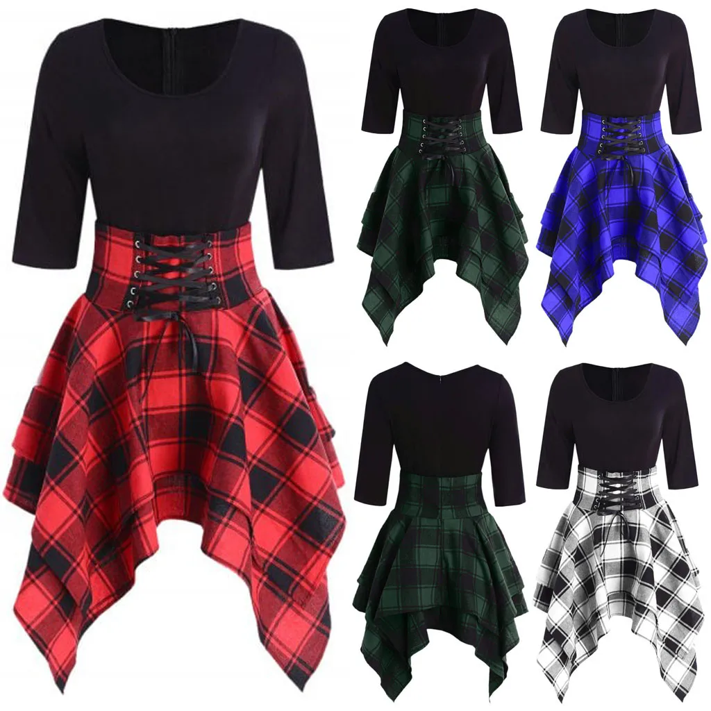 

Up Dress Lace Plaid Mini Print Tartan O-Neck Women Asymmetrical Fashion Casual Women's Dress