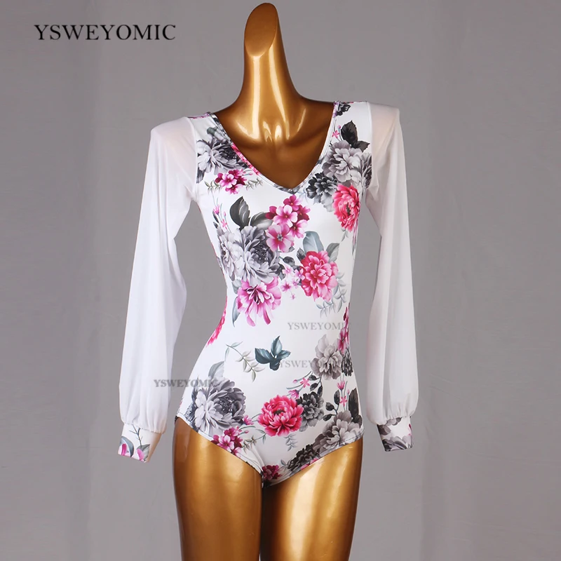 

Топ для латинских танцев, женский, для взрослых, детский элегантный боди с v-образным вырезом, одежда для тренировок, сетчатый топ с длинным рукавом, цветочный спандекс, современный танцевальный Топ