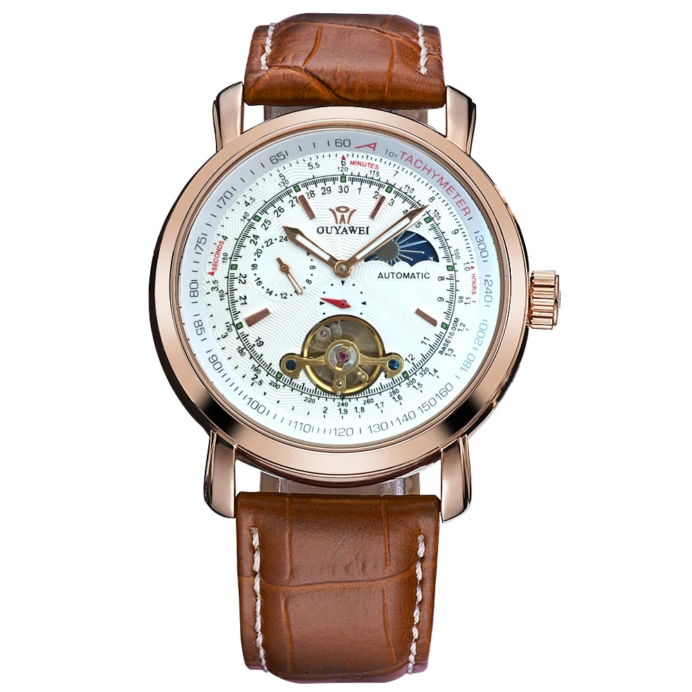 

OUYAWEI New Mechanical Wristwatches Rose Gold Case Tourbillon Moonphase Automatic Winding Male Clock Business Watch Montre Homme