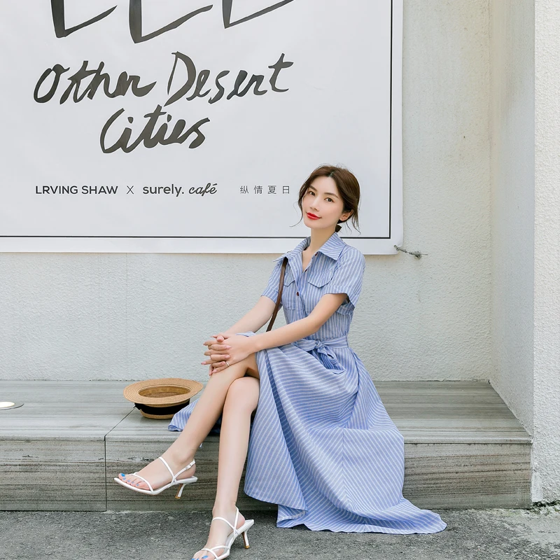 

COIGARSAM French Style Striped Women Long dress Summer Vintage Open Stitch High Waist Dresses 2052