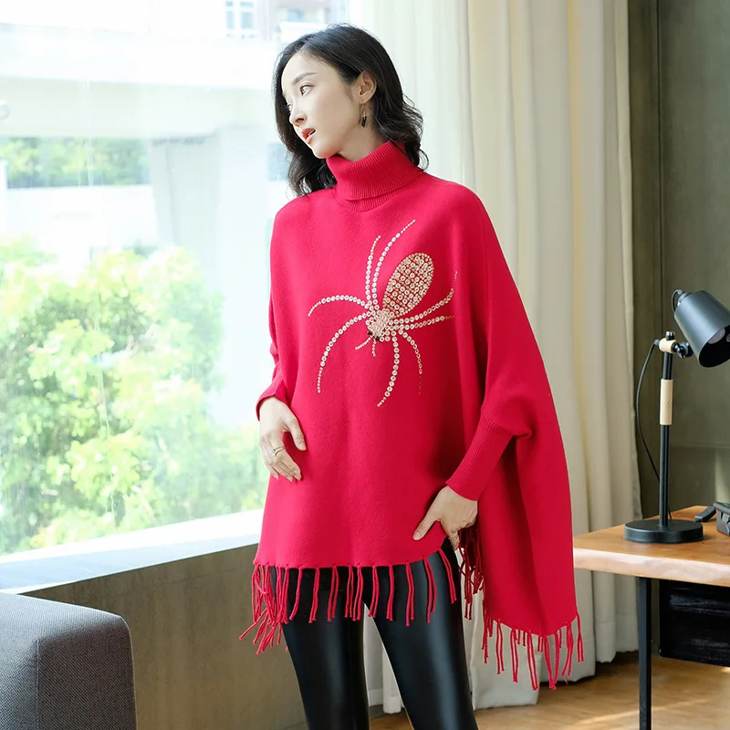 

Female Turtleneck Animal Bat Sleeve Sweater Cloak Long Sleeve Stitching Fringed Decorative Knitted Sweater Poncho Women Winter