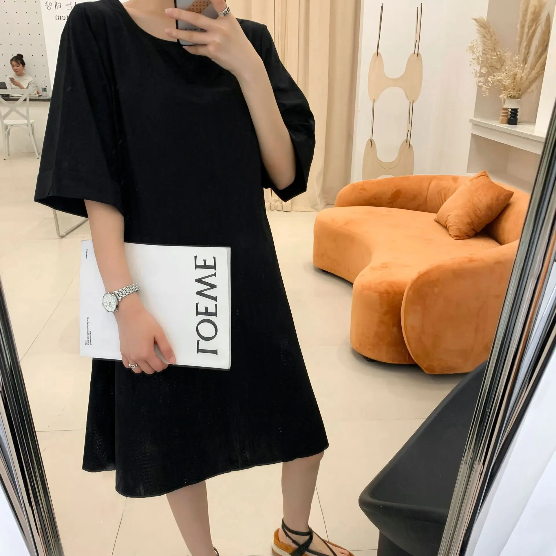 

2021 Summer Korean Loose Round Neck Short Sleeve Lazy Simple Casual Cotton Solid Color Midi Dress Free Shipping