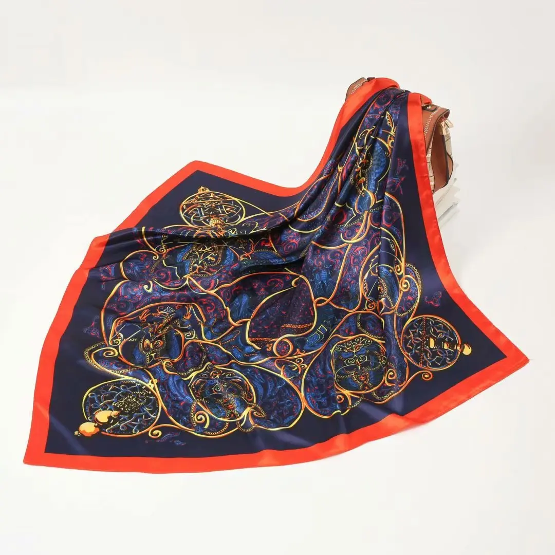 

90*90cm Spring Square Scarf for Women Design Chain Print Silk Feeling Hair Band Foulard Female Office Neckerchief Lady Bandana