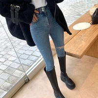 bgteever fashion chic double button women pencil denim jeans high waist skinny ripped holes female jeans pants 2021 spring