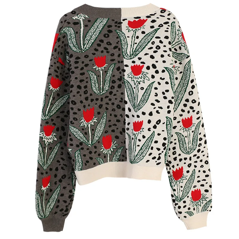 Свитер женский с цветочным принтом V образным вырезом| |