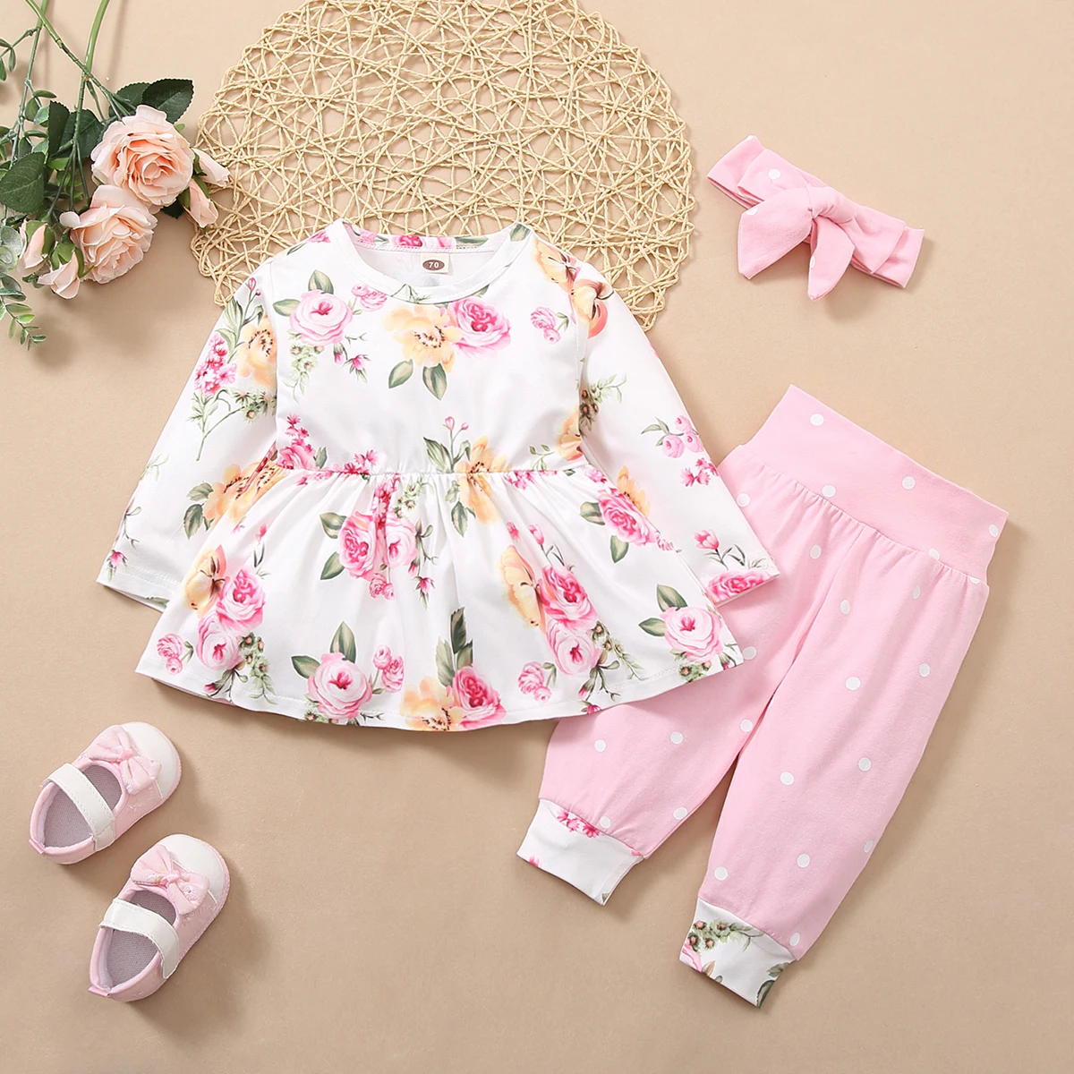 

12 months - 4 years old girl's dress set round neck long sleeve flower pattern dress + Polka Dot pants headdress set lovely pink
