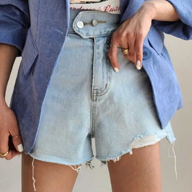 

2021 High Waist Double Button Jeans Shorts for Women New Summer Ripped Edge Female Denim Shorts Casual Bottoms
