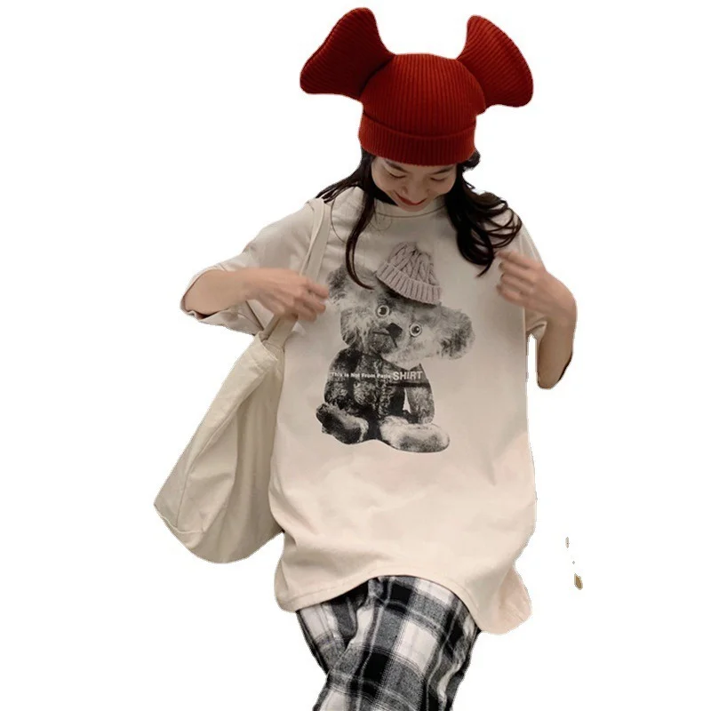 

Korean Cartoon Cute Bear Print Short-Sleeved T-Shirt Female 2021 Summer Loose Plus Size Streetwear Harajuku Kawaii Graphic Tees