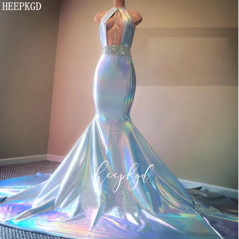 

Блестящий мятно-синий Русалка Длинные платья для выпускного на бретелях с коротким шлейфом, сексуальная африканская темнокояя Девушка Веч...