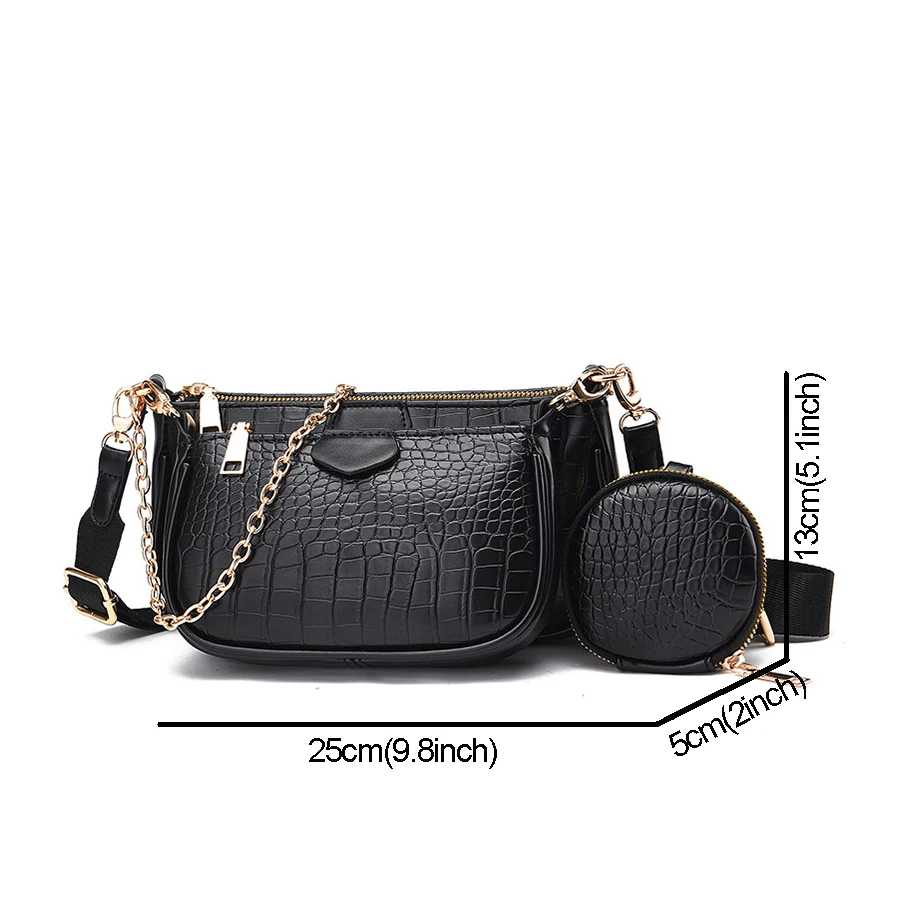 fashion crocodile pattern womens shoulder bag designer 3 pcsset chain crossbody messenger bags lady alligator wide strap purse free global shipping