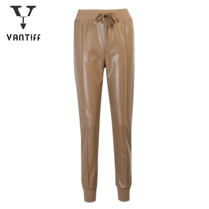 

Bodycon Women Long Trousers Vintage Pants Rib Stitching Leathe High Waist and Slim Temperament PU Leather Feet Pants Women