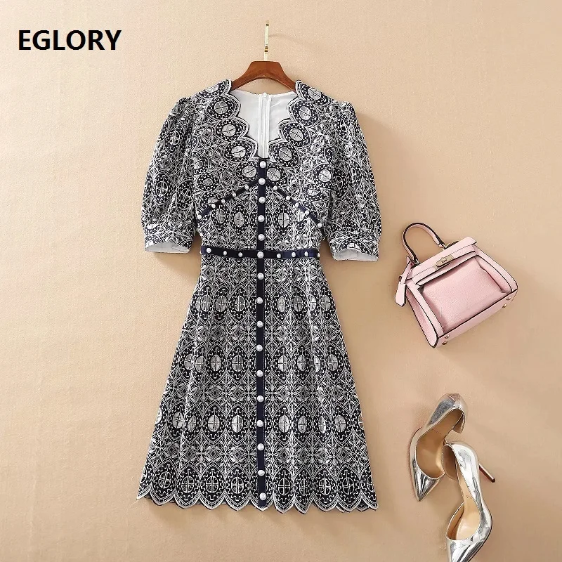 Hollow Out Embroidery Dress 2021 Spring Summer Fashion Style Women V-Neck Beading Button Deco Half Sleeve Vintage Dress Sheath