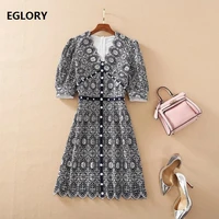 hollow out embroidery dress 2021 spring summer fashion style women v neck beading button deco half sleeve vintage dress sheath