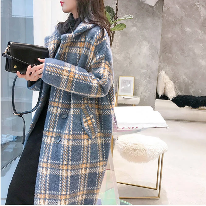 

Bella Philosophy Winter Plaid Women Faux Mink Cashmere Woolen Coat ladies casual turn-down collar coats female warm outwear