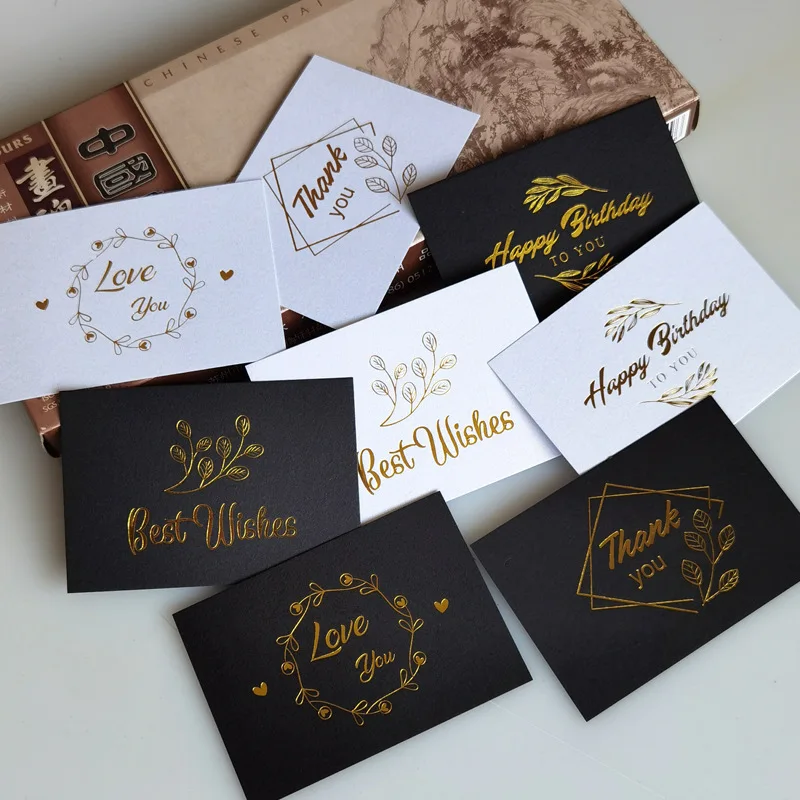 

50pcs Hot New Pearl White Black Gold Foil Thank You Love You Best Wishes Happy Birthday Cards Gift Thank You Customized Cards