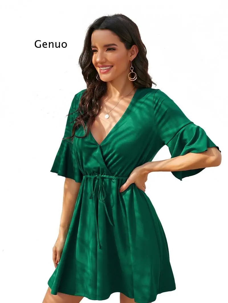 Женское Плиссированное Платье с V-образным вырезом зеленое однотонное платье