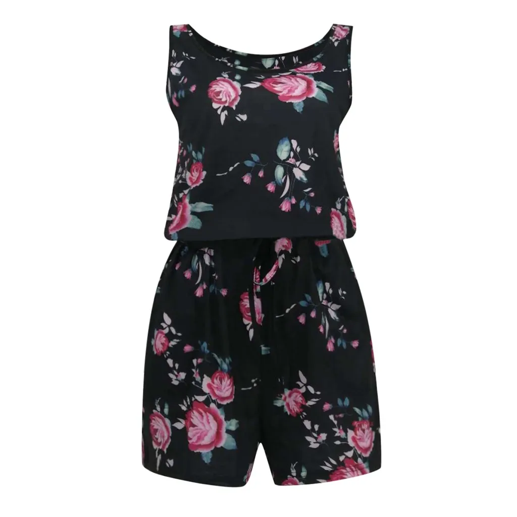 

Women Rompers Jumpsuit Fashion Summer Waist Pocket Stripe Floral Print O-Neck Sleeveless Short Jumpsuit Vest