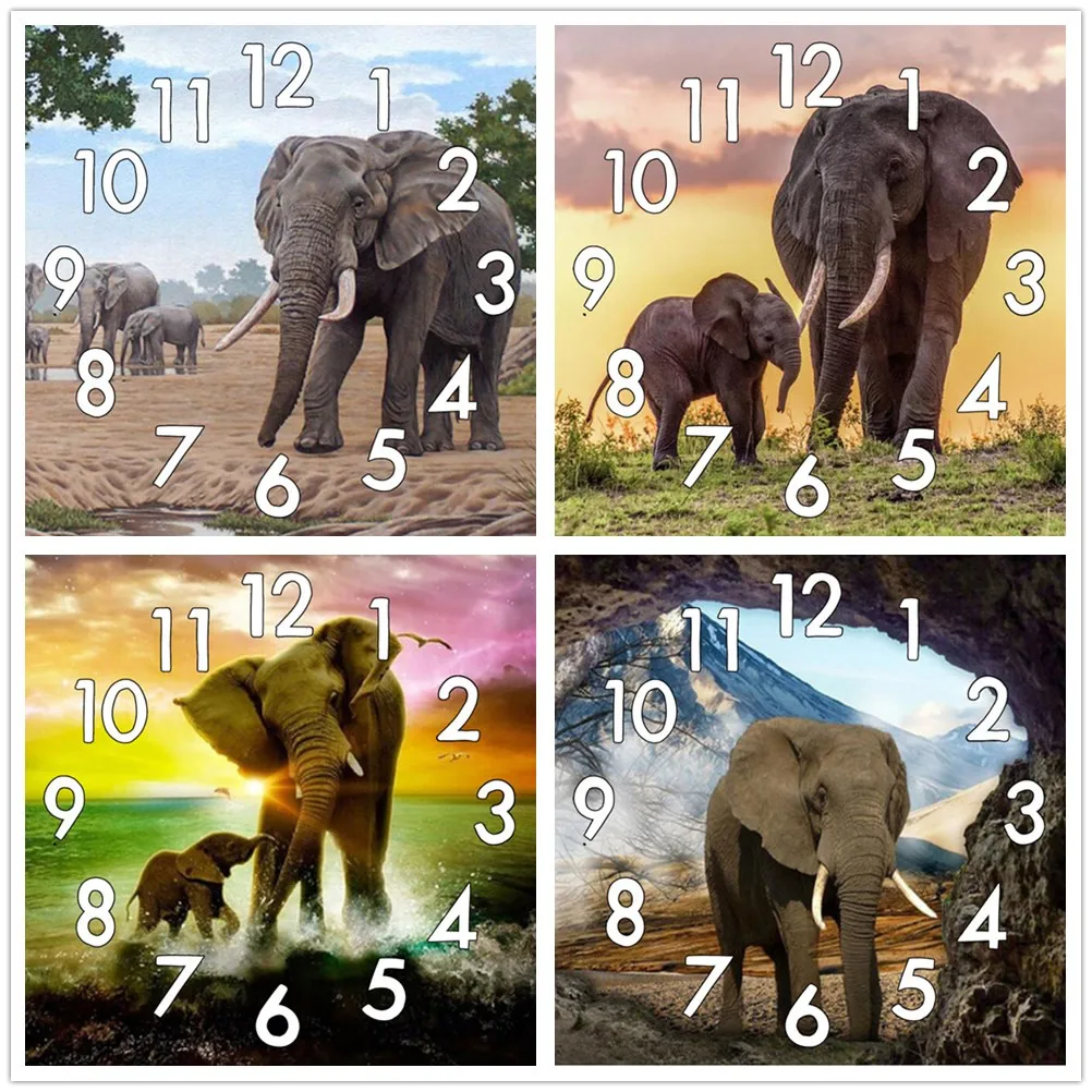 Dpsprue Full Diamond Painting Cross Stitch With Clock Mechanism Mosaic 5D Diy Square Round Animal Elephant 3d Embroidery Gift