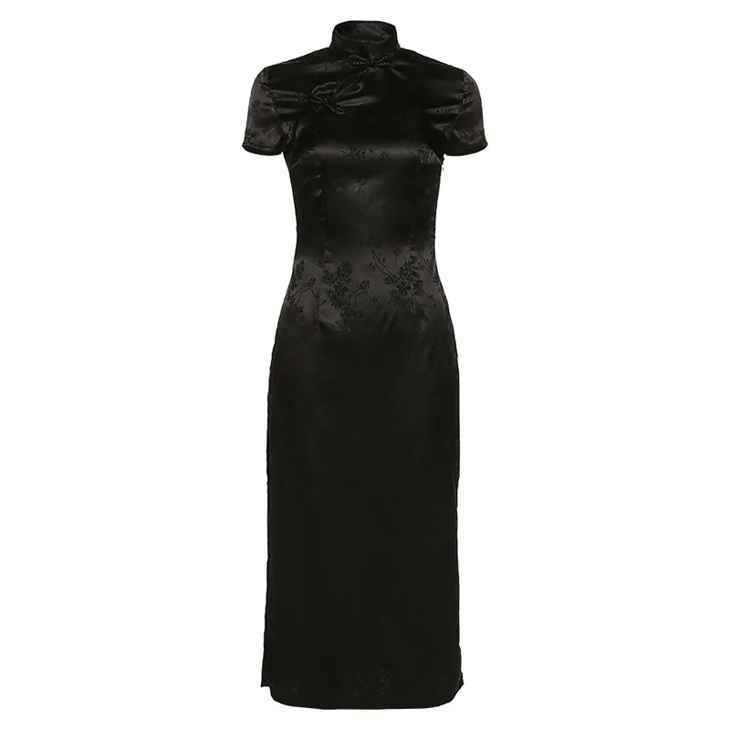 

Sexy club woman dress black flower embroidery bodycon cheongsam summer Chinese style aesthetic clothes A-line skirt