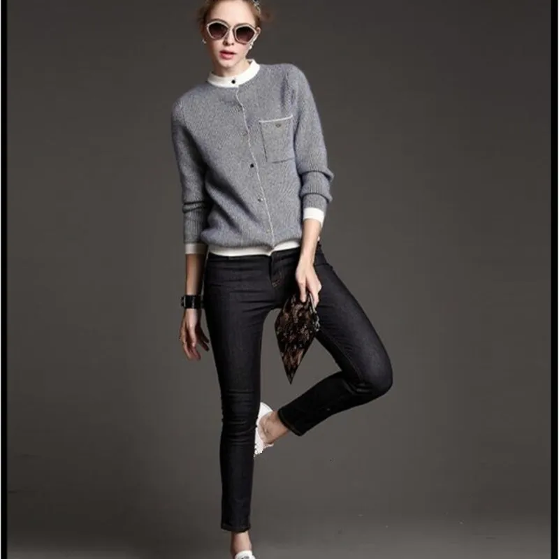 2018 New Wool Knit Cardigan Cashmere Sweater O Neck Short Paragraph Striped Thicken Long Sleeve Coat |