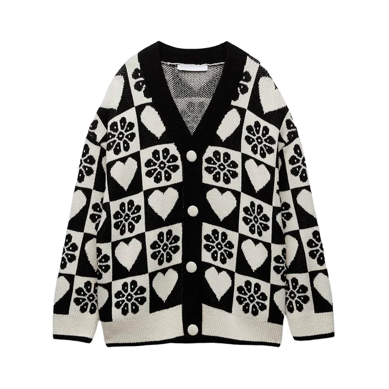 

Autumn New Women's Clothing Fashion European American Style Heart-shaped Jacquard Retro V-neck Knitted Coat Cardigan Loose