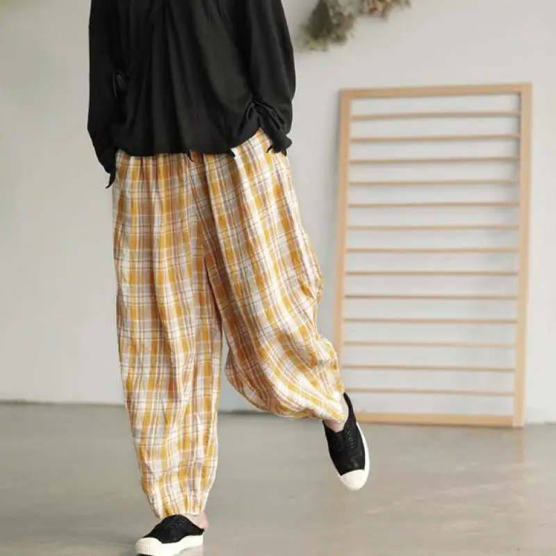 Брюки женские винтажные шаровары повседневные свободные брюки плед эластичная