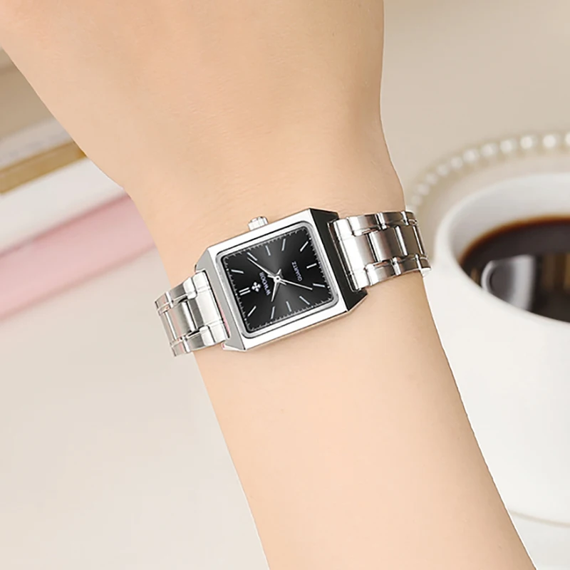 Часы WWOOR Женские Кварцевые полностью стальные, серебристые классические квадратные ультратонкие маленькие наручные, с браслетом