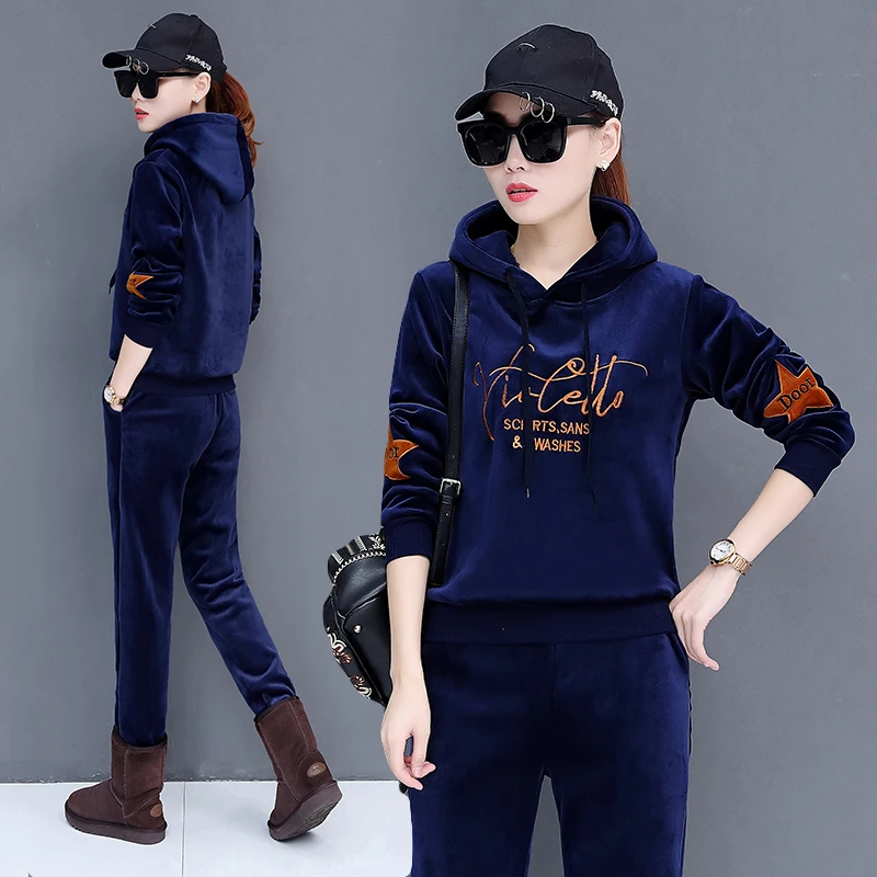 Женский бархатный спортивный костюм теплый пуловер с вышивкой Толстовка и штаны