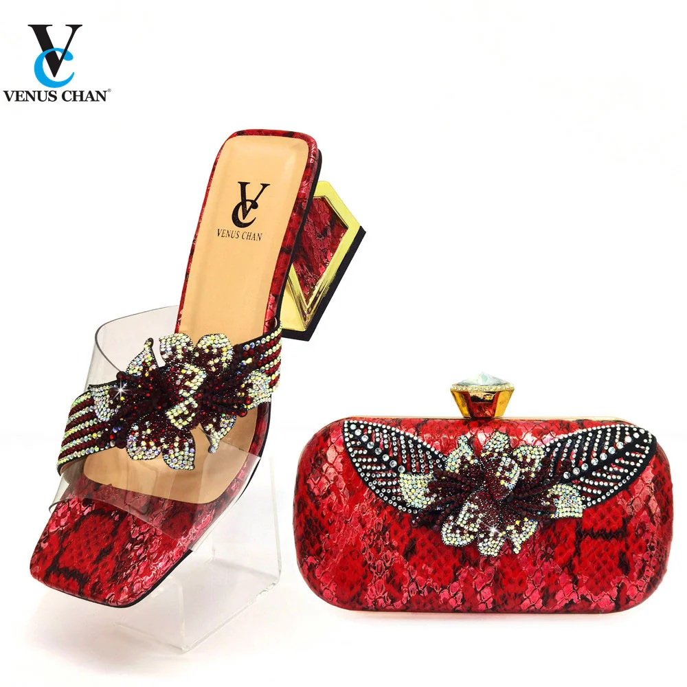 2022 New Arrivals Nigerian Shoes With Matching Bags Set African Women's Party Shoes and Bag Sets with Shinning Crystal in Red