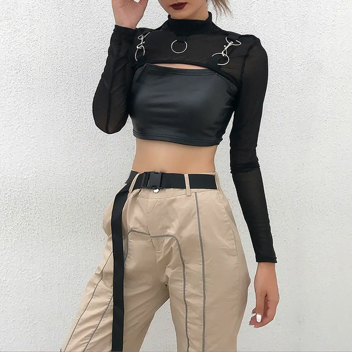 

Sexy Hip Hop Gothic Women Lady Micro Short Metal Chain Lace See-through Mesh Long Sleeve High Turtleneck Crop Tops T-Shirt