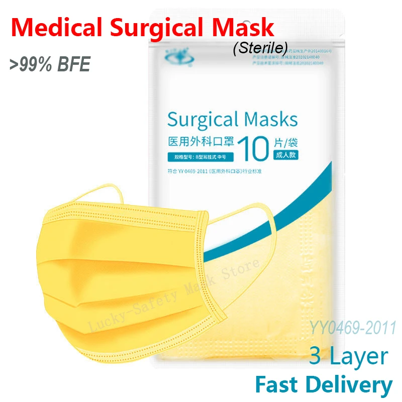 

10-100 pcs Real Medical Surgical Mask Disposable Yellow Face Mouth Masks 3 ply Breathable Masque Filter Anti Virus Surgical Mask