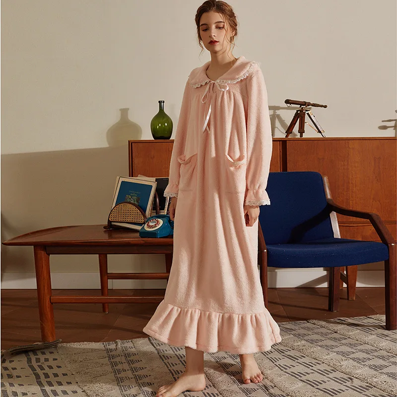 

Double-sided Flannel Women Nightgown Autumn Winter New Warm Long Nightdress Sweet Lace Sleepwear With Pocket Loose Home Dress